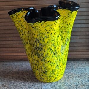 Murano Style Art Ruffled Rim Yellow Confetti Glass Vase